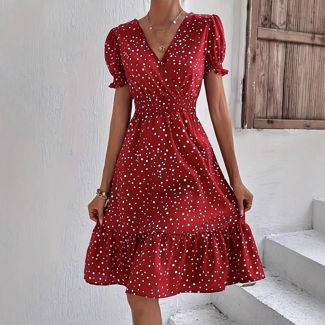 Casual Damesjurk – Korte Mouwen, Kruiskraag, met Polkadots