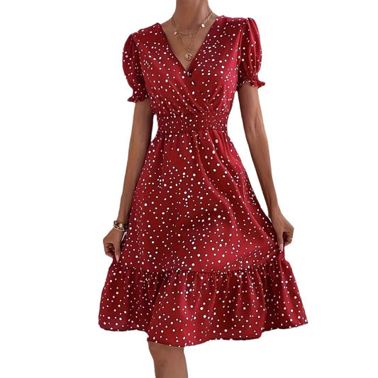 Casual Damesjurk – Korte Mouwen, Kruiskraag, met Polkadots