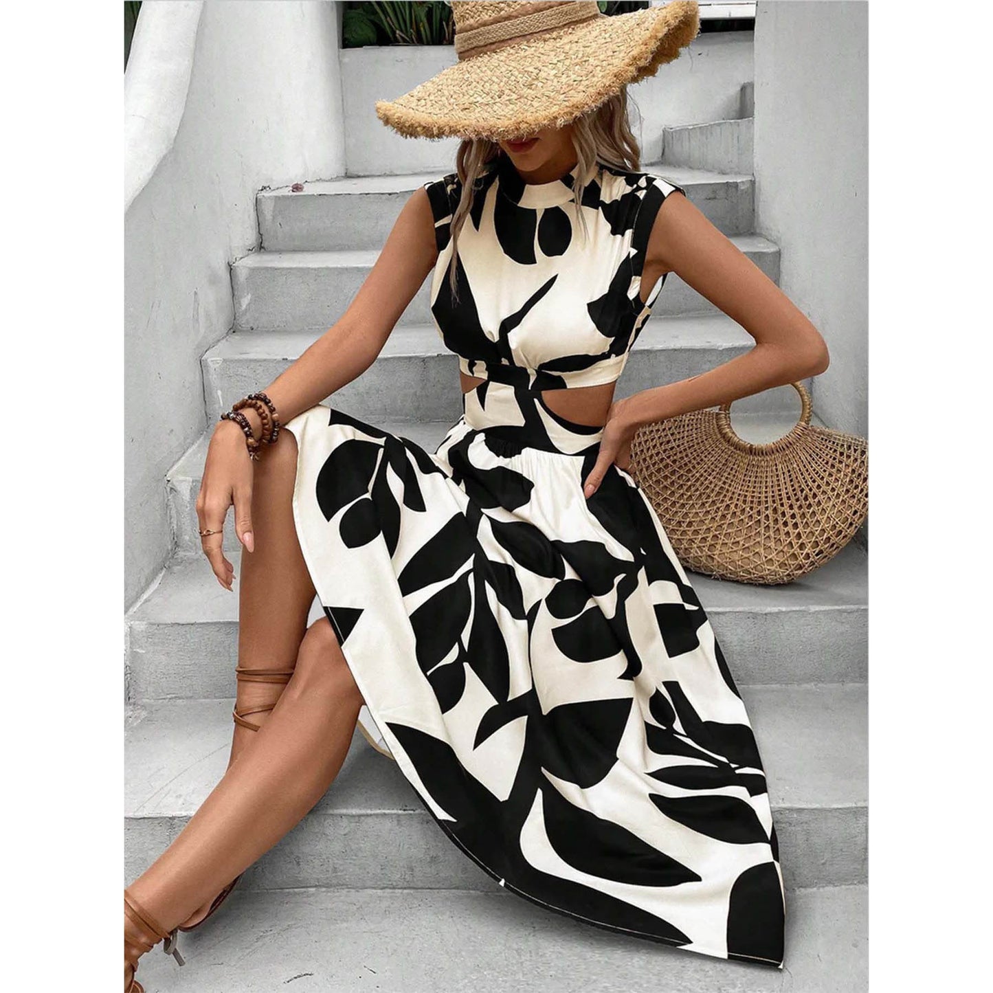 Damesjurk – Ronde Hals, Korte Mouwen, Hoge Taille, met Planten- en Bloemenprint