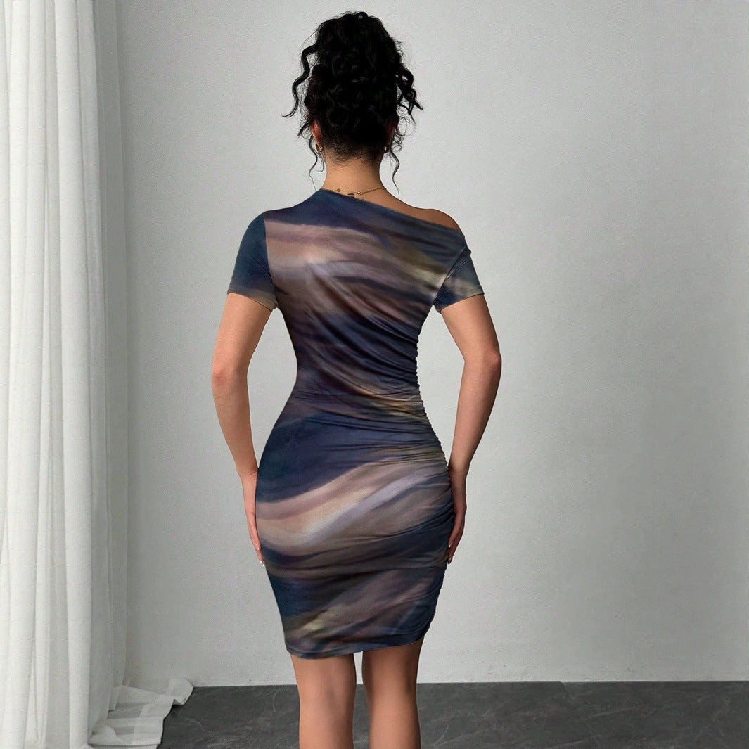 Elegante Tie-dye Jurk – Korte Mouwen, Slim Fit