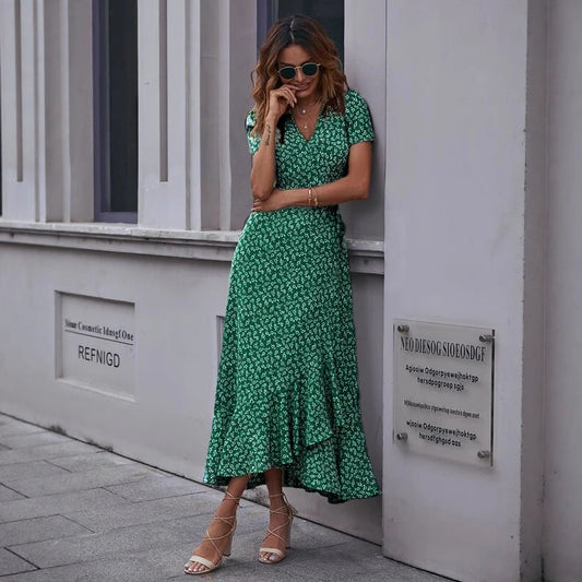 Elegante Chiffon Jurk met Print en Strik