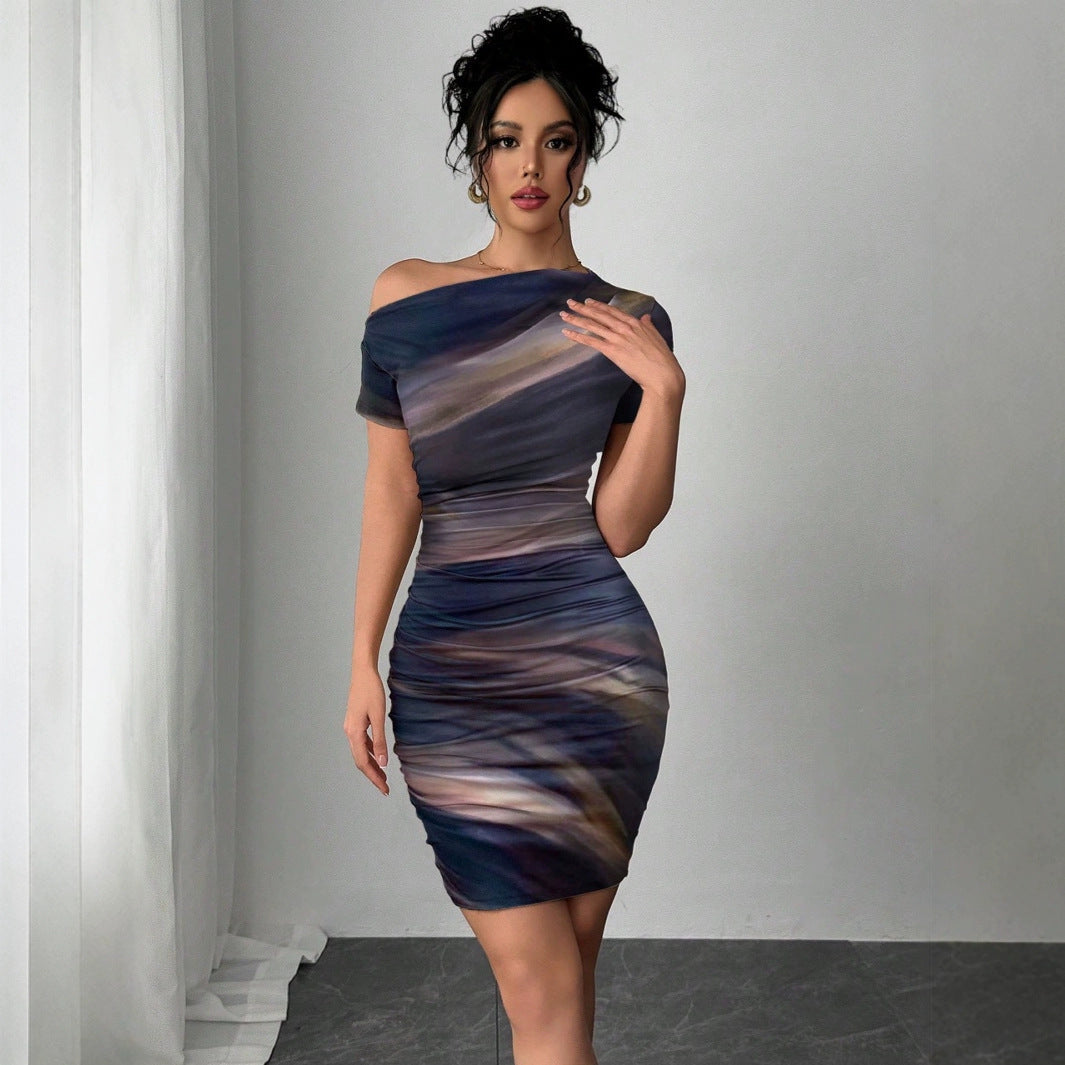 Elegante Tie-dye Jurk – Korte Mouwen, Slim Fit