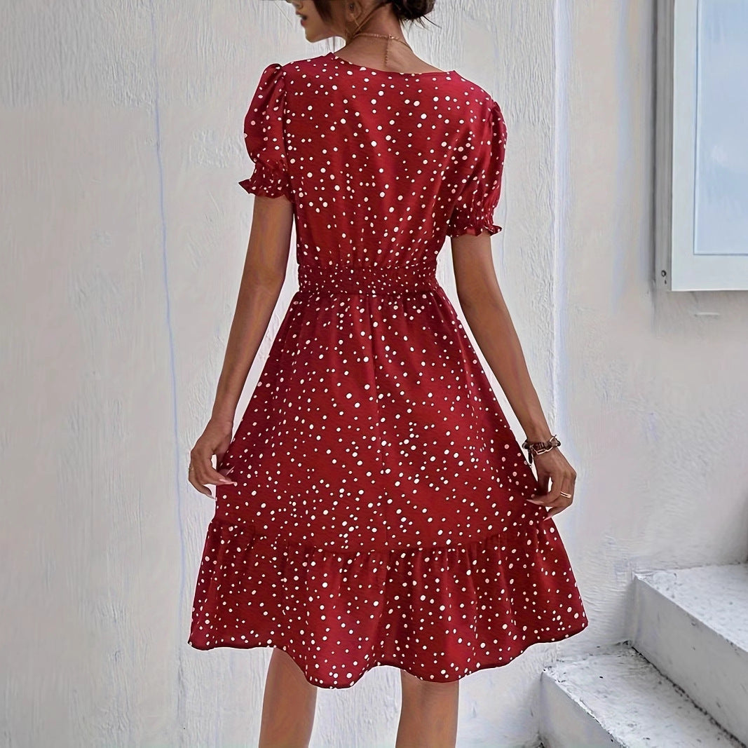 Casual Damesjurk – Korte Mouwen, Kruiskraag, met Polkadots