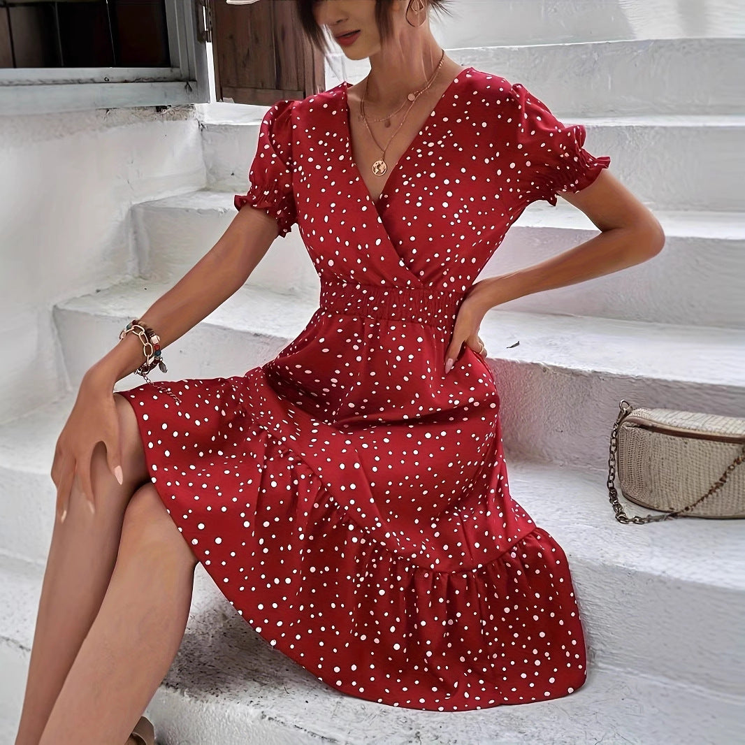 Casual Damesjurk – Korte Mouwen, Kruiskraag, met Polkadots