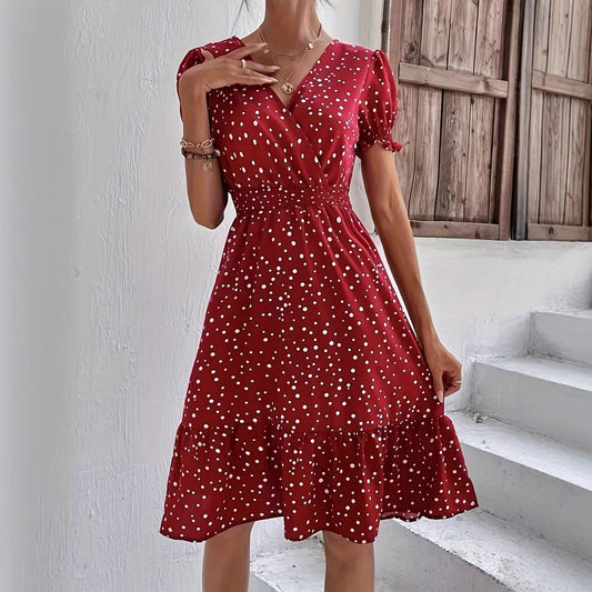 Casual Damesjurk – Korte Mouwen, Kruiskraag, met Polkadots